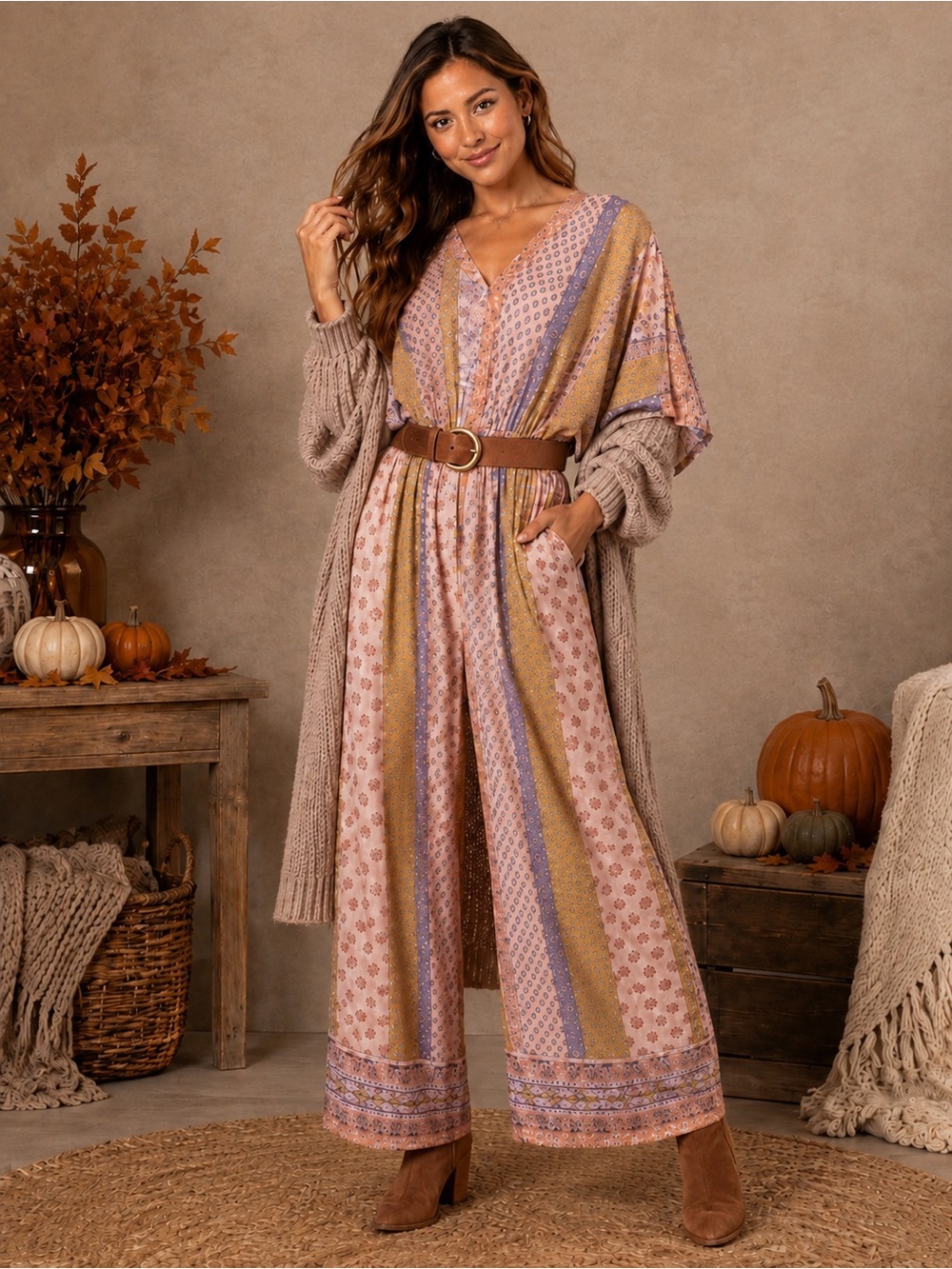 Dress Forum Los Angeles Pink Boho Print Wide-Leg Jumpsuit – Size Medium